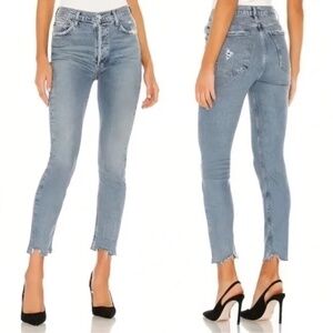 AGOLDE Nico High Rise Light Wash Frayed Raw Hem Slim Ankle Jeans, Size 27